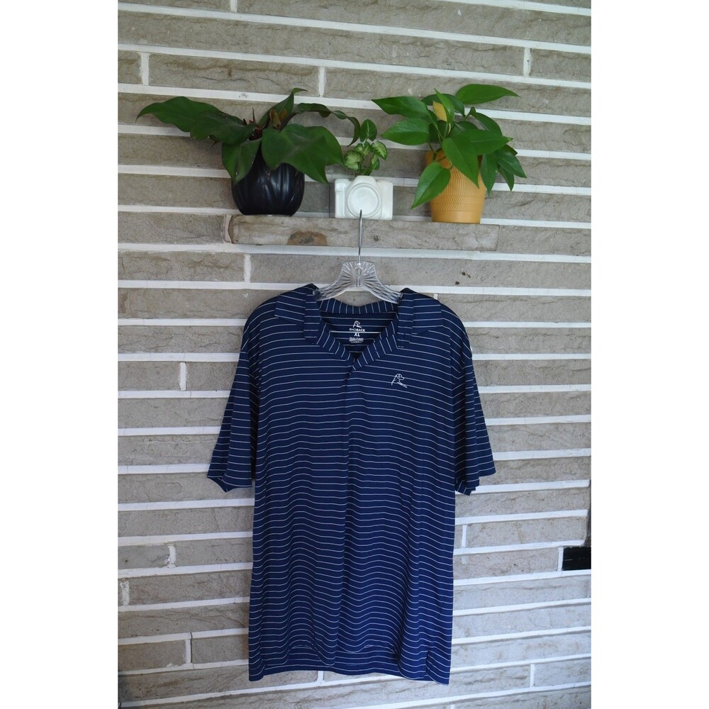 Rhoback Mens Performance Golf Polo Shirt Navy Blue White Striped XL EUC
